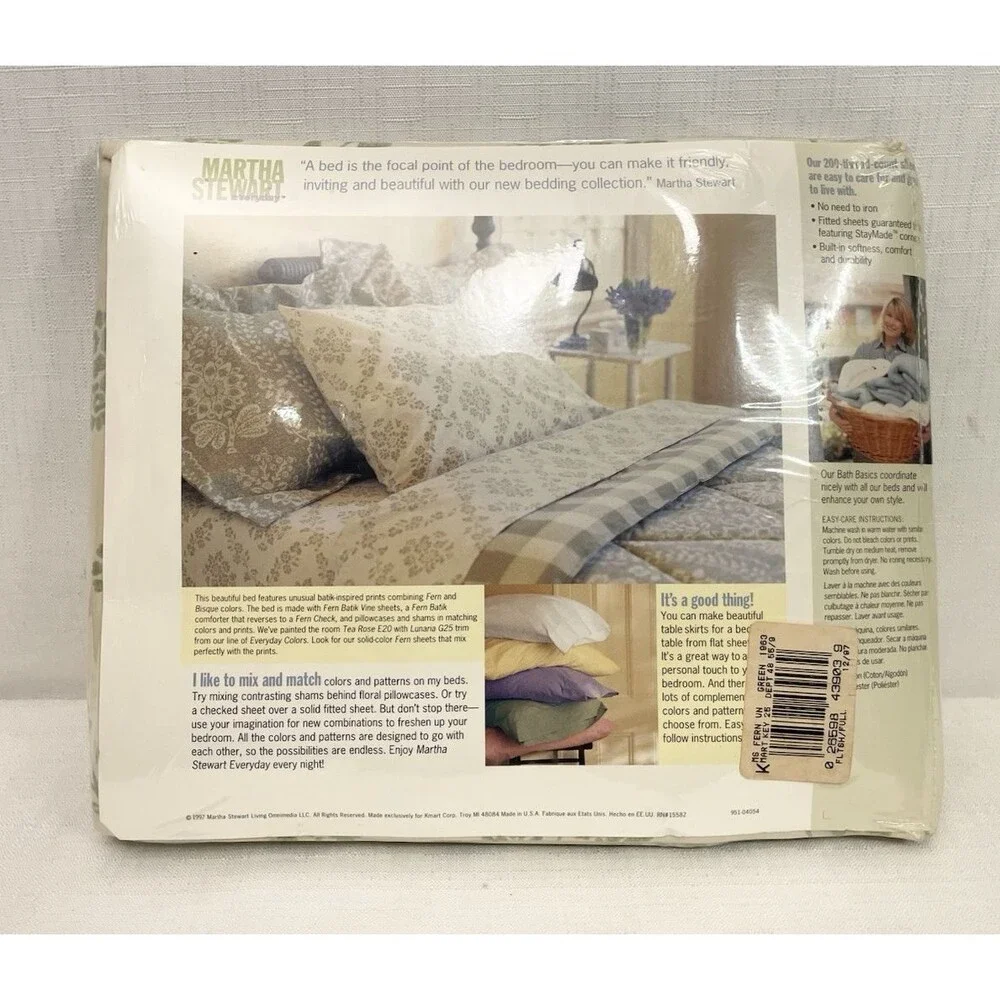 Martha Stewart Everyday FULL Flat Sheet 200 Thread Count Green Floral Vintage